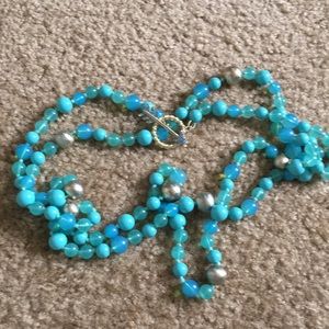 Long Teal and Gold Bead Necklace